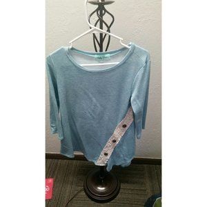 Those Memories Lace Button Top In Dusty Blue